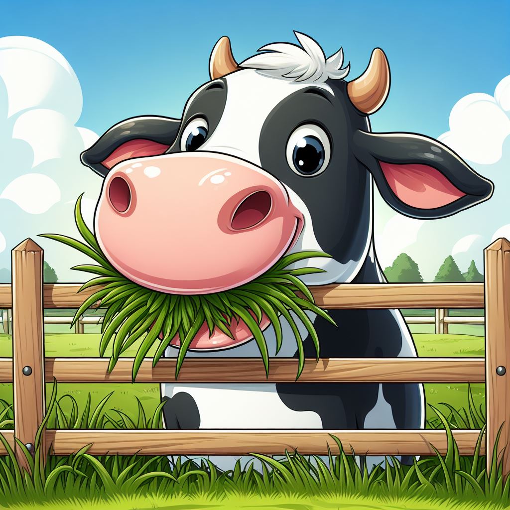 cartoon image cow eating grass